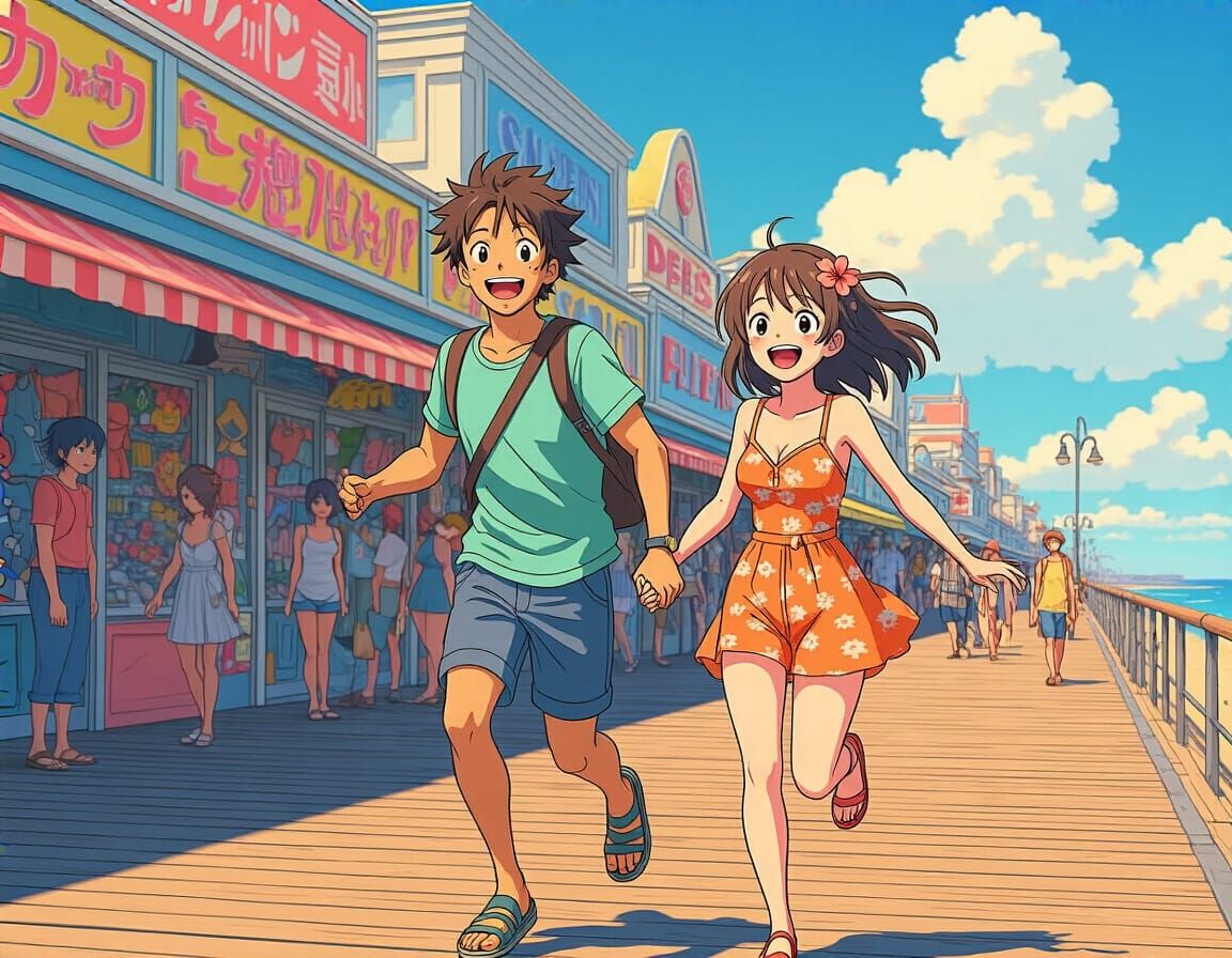 Laughing Couple on Boardwalk in Anime Style