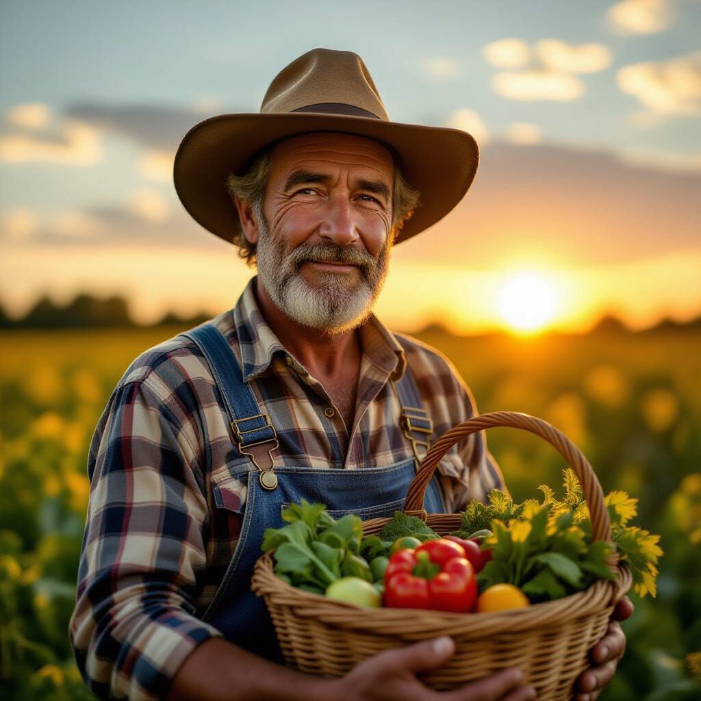Sun-Drenched Farmworker at Sunset: Photorealistic Rendering