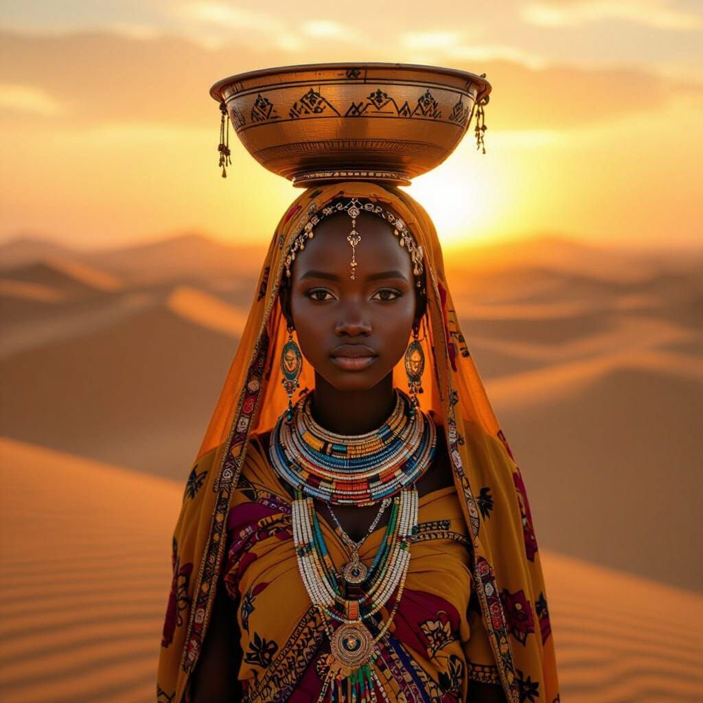 Fulani Girl in Desert at Golden Hour
