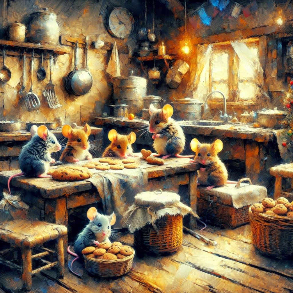 Mouse Family Christmas Baking in Gouache Watercolor Style