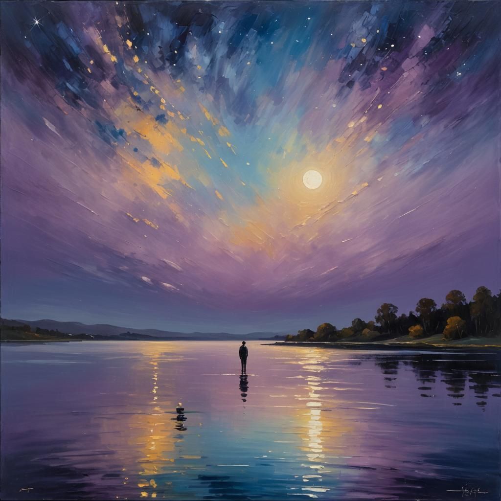 Lone Figure Under Starry Sky as Impasto Oil Painting