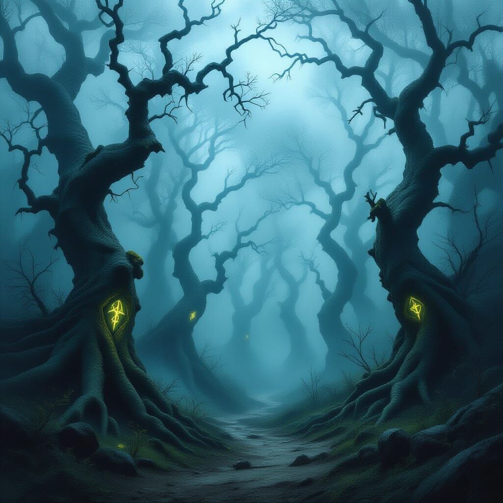 Ethereal Dark Fantasy Forest with Glowing Runes