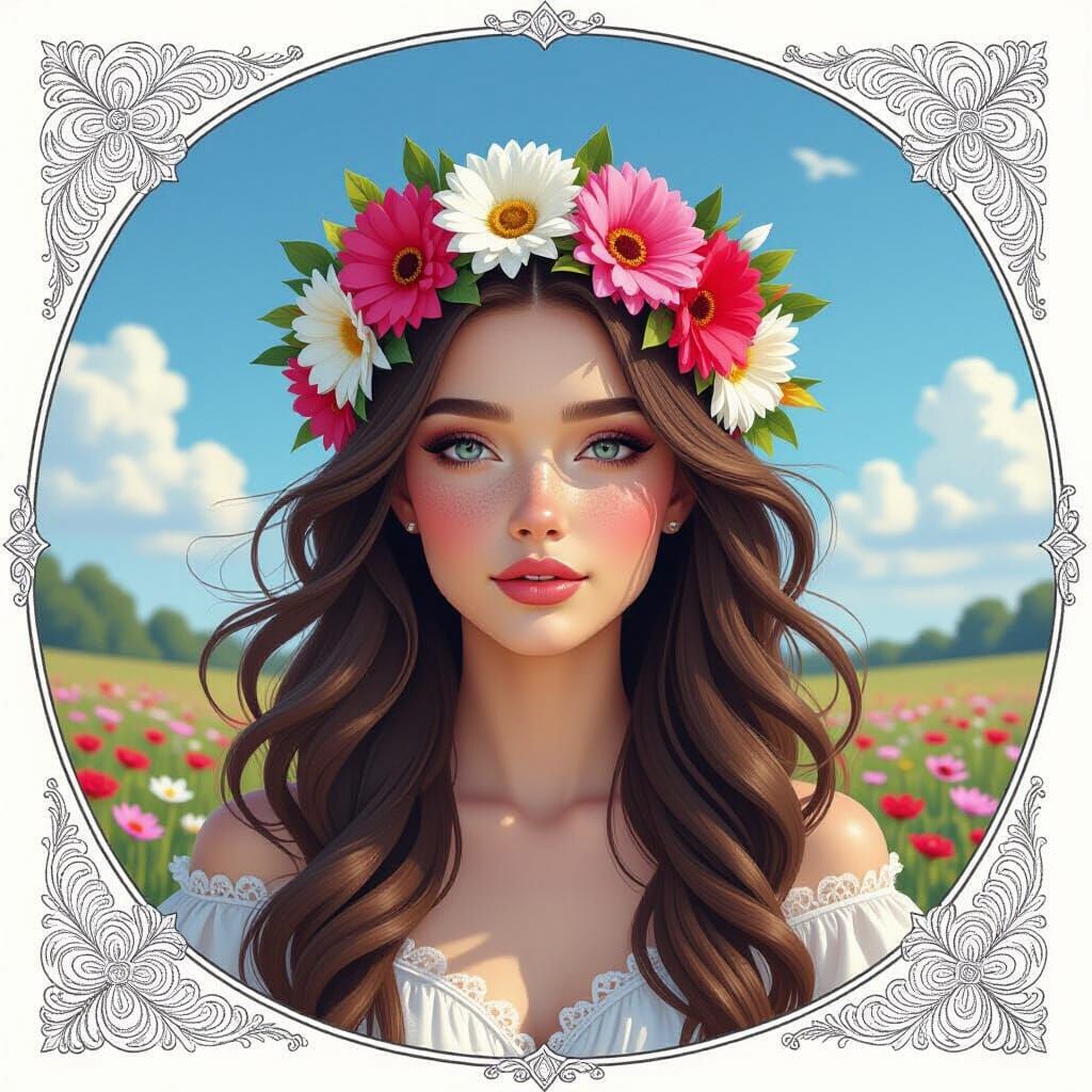 Fantasy Queen with Flower Crown in Windy Landscape