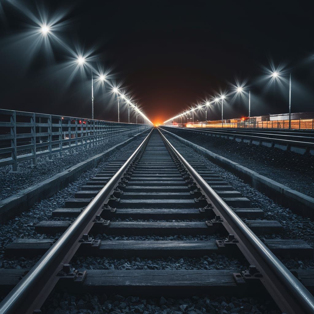Night Railway Track Vanishing Point Photograph