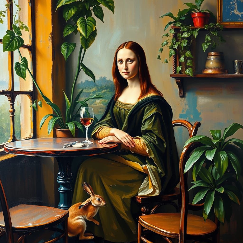 Mona Lisa in Cafe: A Modern Abstract Oil Painting