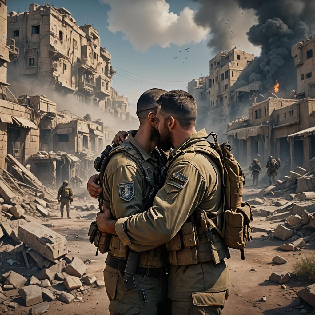Israeli Soldier Brothers' Emotional Embrace: Matte Painting