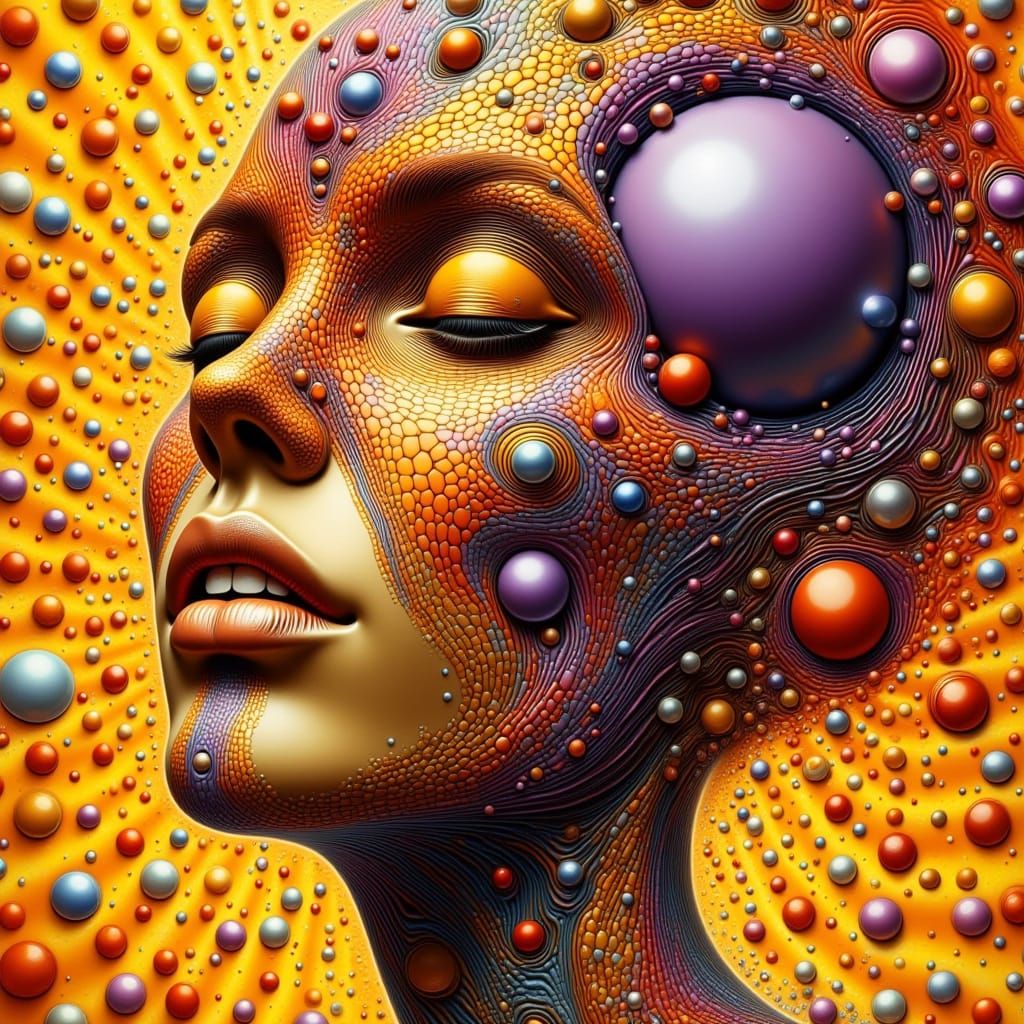 Surreal Figure Dissolves into Whimsical Polka Dot Cosmos