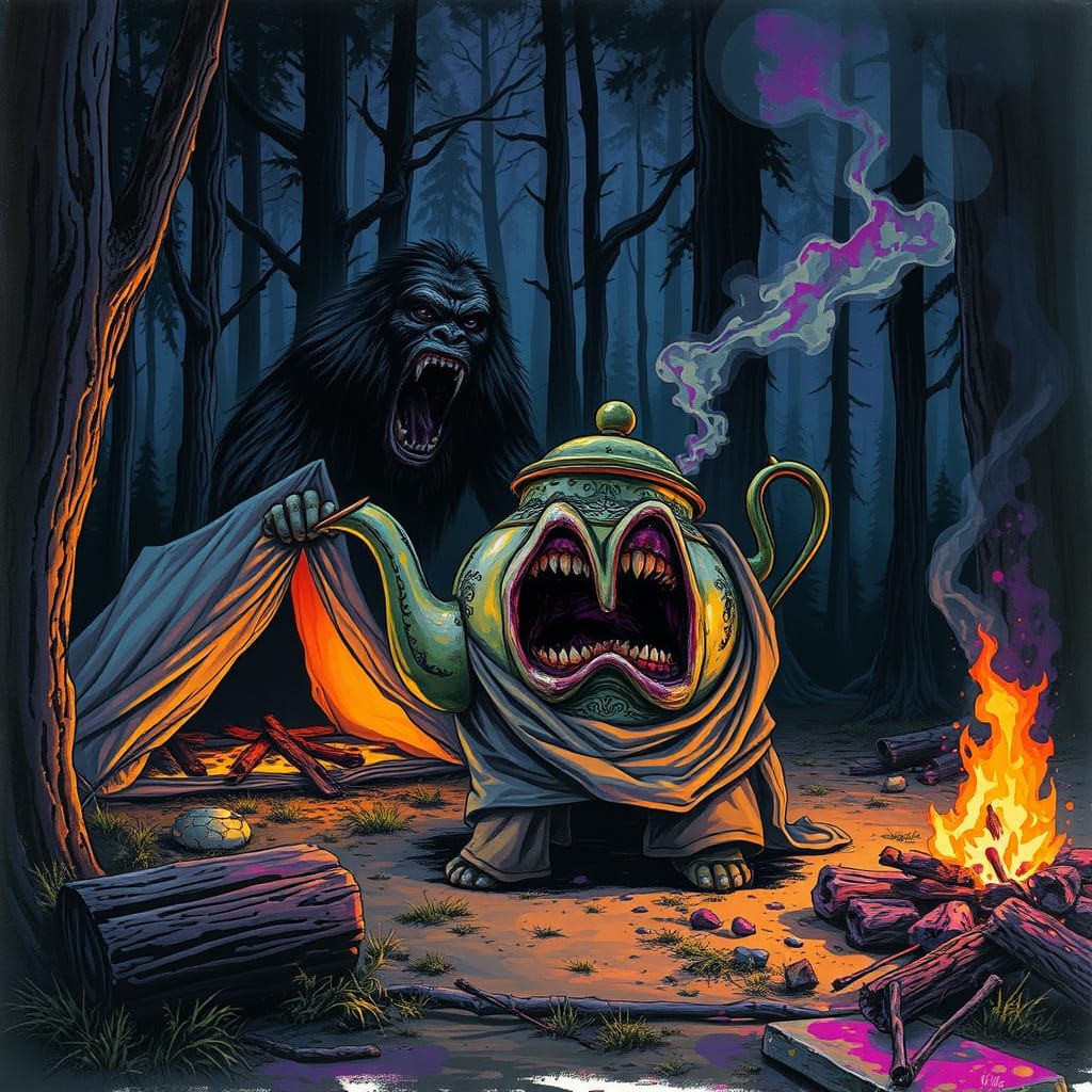 Terrified Teapot Screams at Bigfoot in Dark Forest
