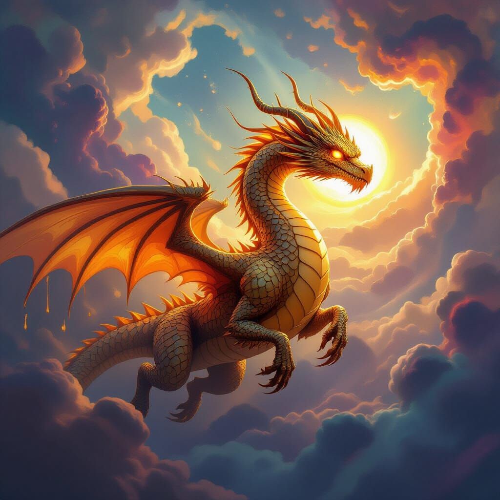 Majestic Molten Gold Dragon Soaring Through Nebula Sky