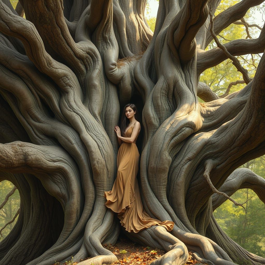 Ancient Tree Embraces Serene Woman in Hyperrealistic Art