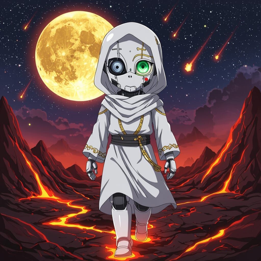 Anime Bot in Lava Field with Falling Stars