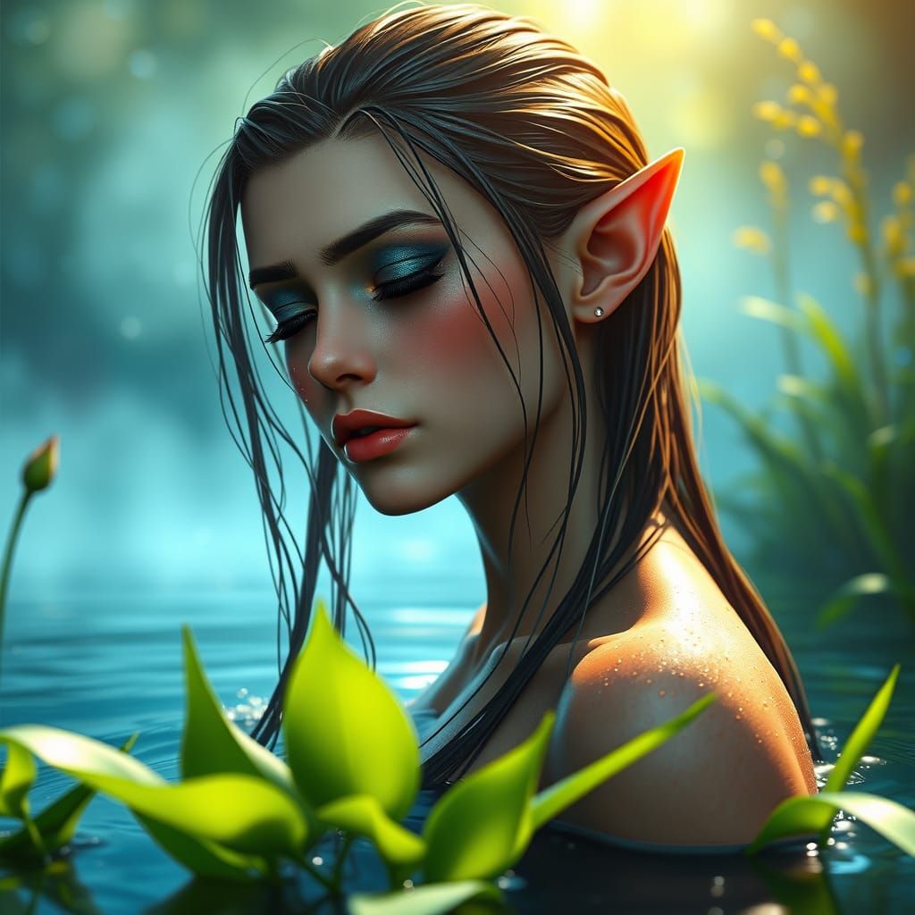 glossy finish, oil paint, dream fantasy, portrait, realistic a beautiful lady elf, with long wet slick back hair, eyes c...