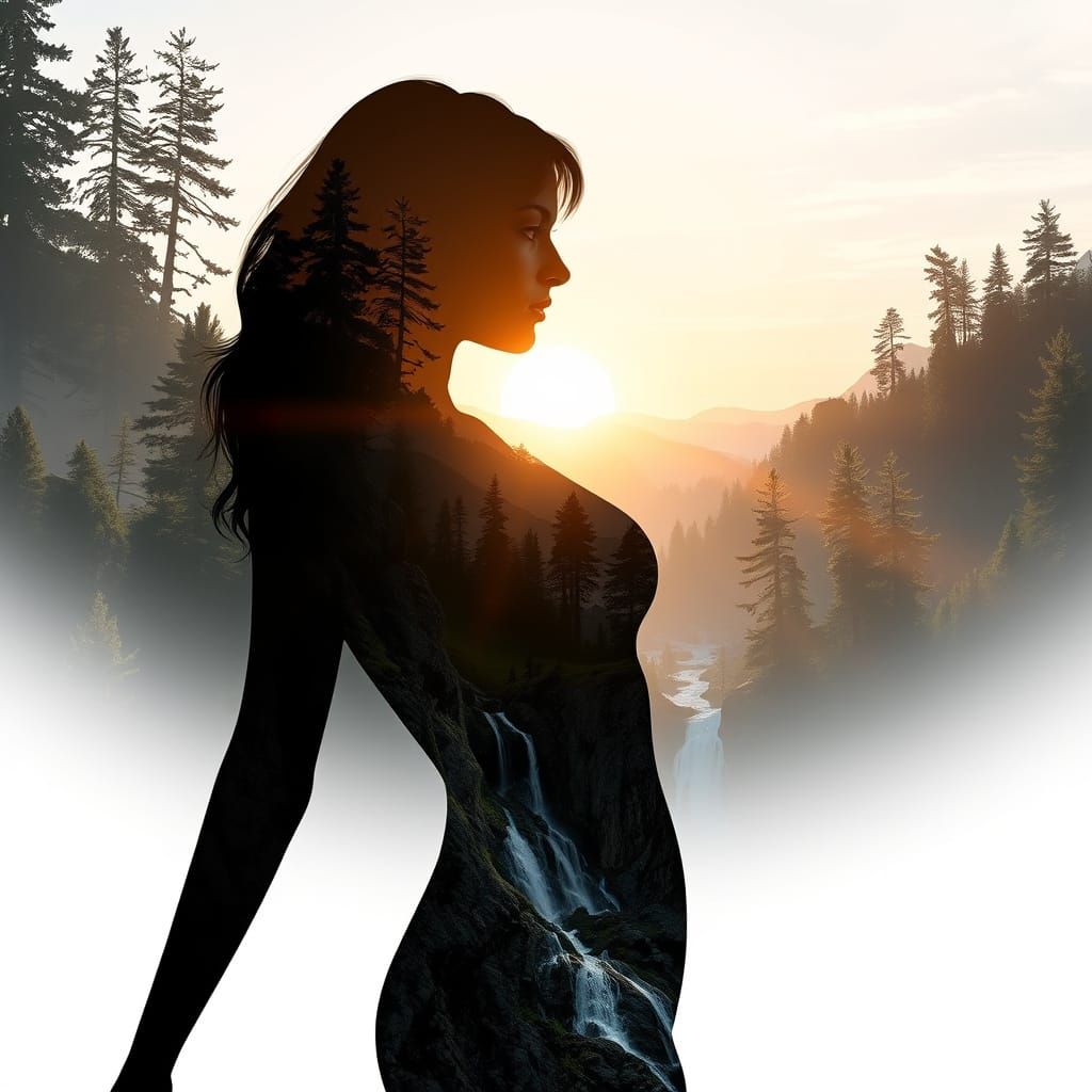 Epic Sunrise Mountain Landscape with 3D Body Art Silhouette