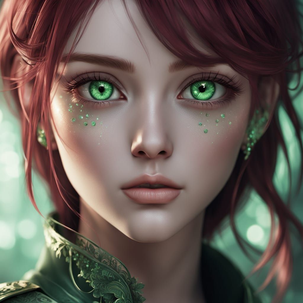 Anime Goddess with Burgundy Hair and Green Eyes