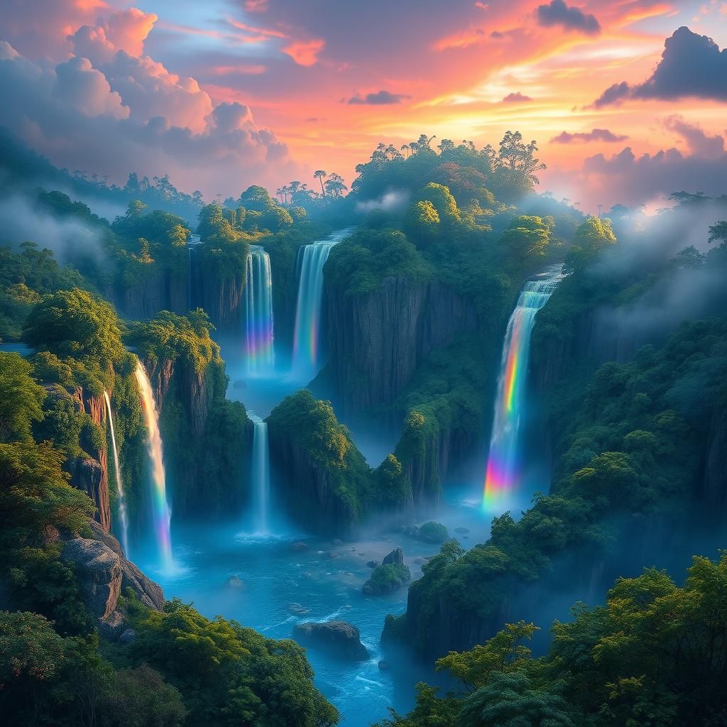 Rainbow Waterfalls on a Serene Island Landscape
