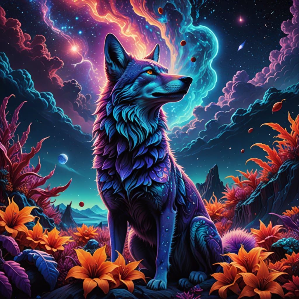 Bioluminescent Space Coyote Howling in Psychedelic Art