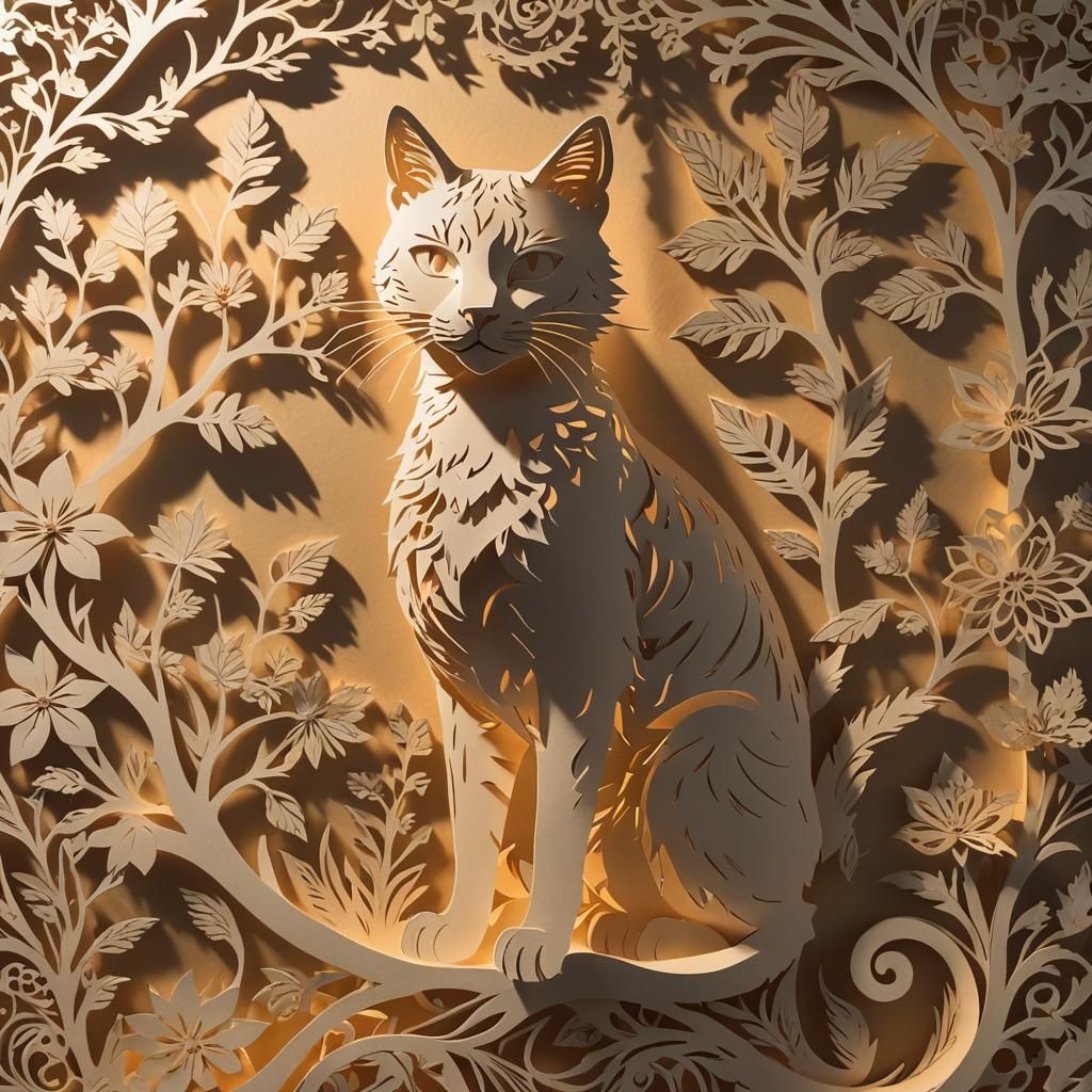 Colorful Kirigami Cat Silhouette with Backlighting