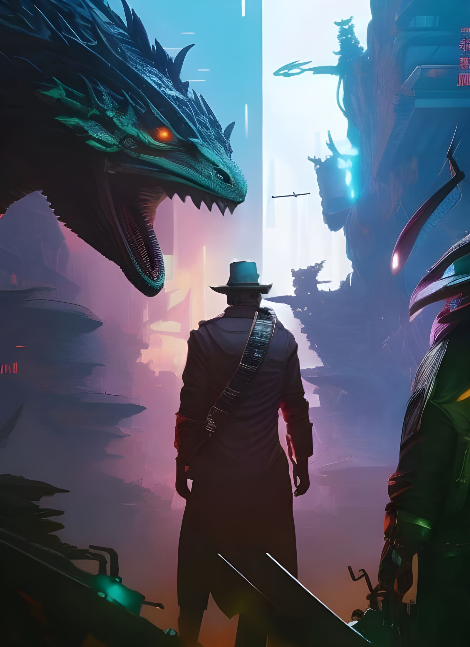 Cyberpunk Lizard Kaiju Mech in Neo Tokyo