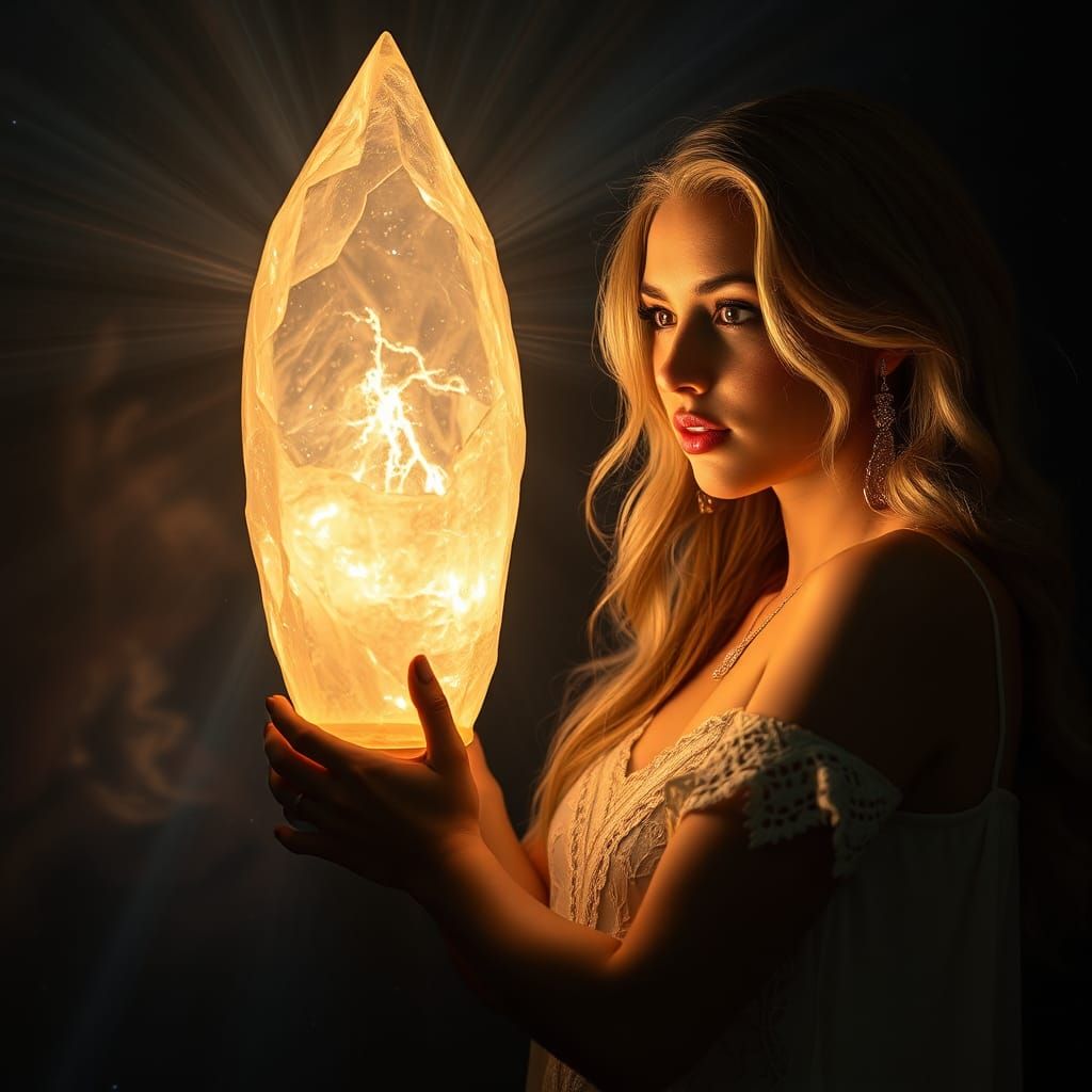 Radiant Woman with Crystalline Jack-o'-Lantern