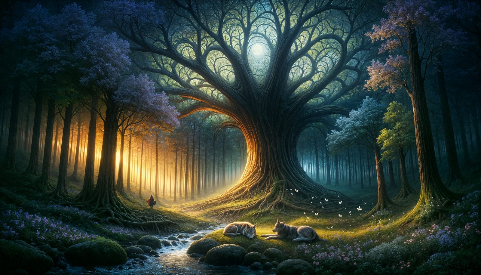 Serene Bard and Wolf in Enchanted Forest Cathedral