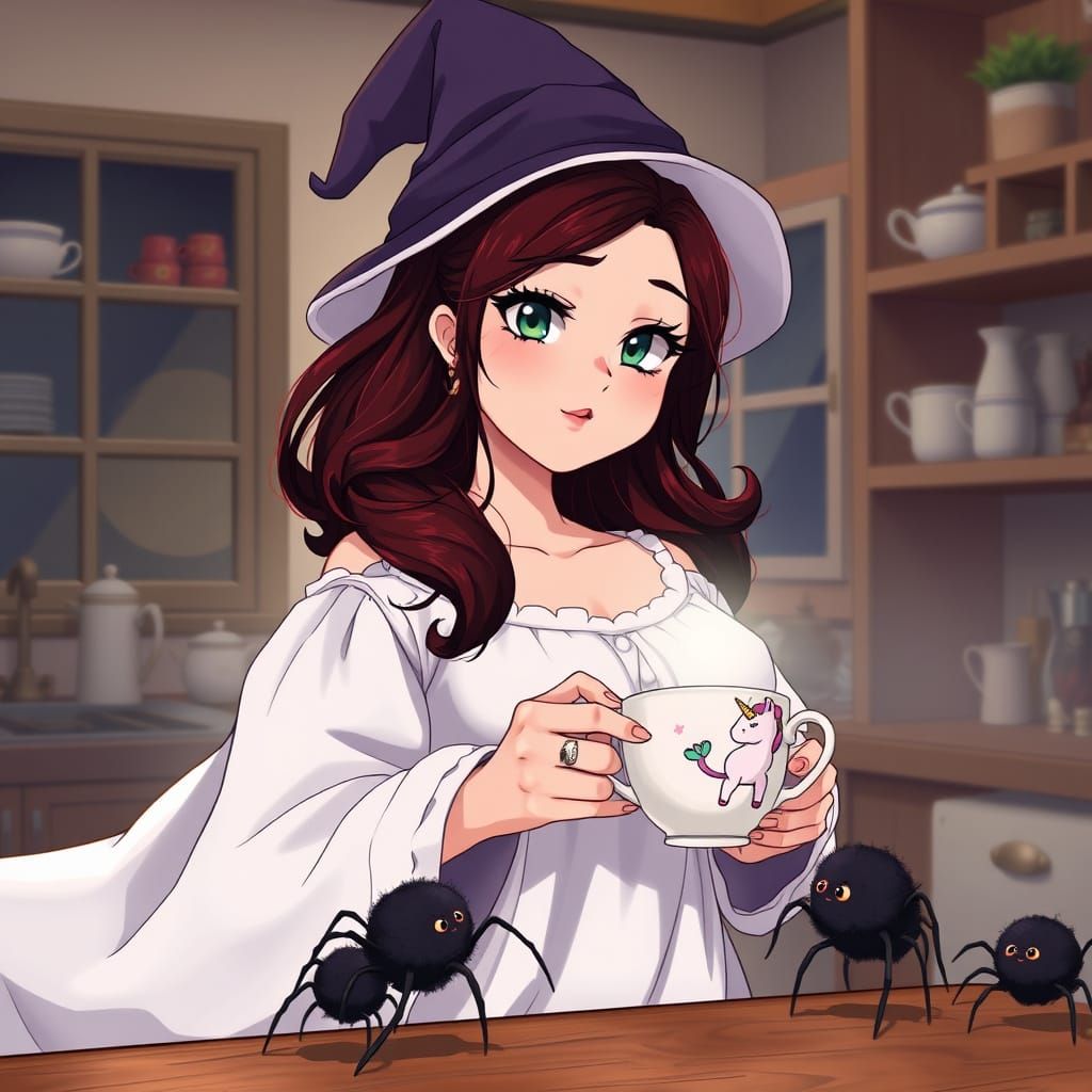 Anime Woman in Whimsical Kitchen Scene