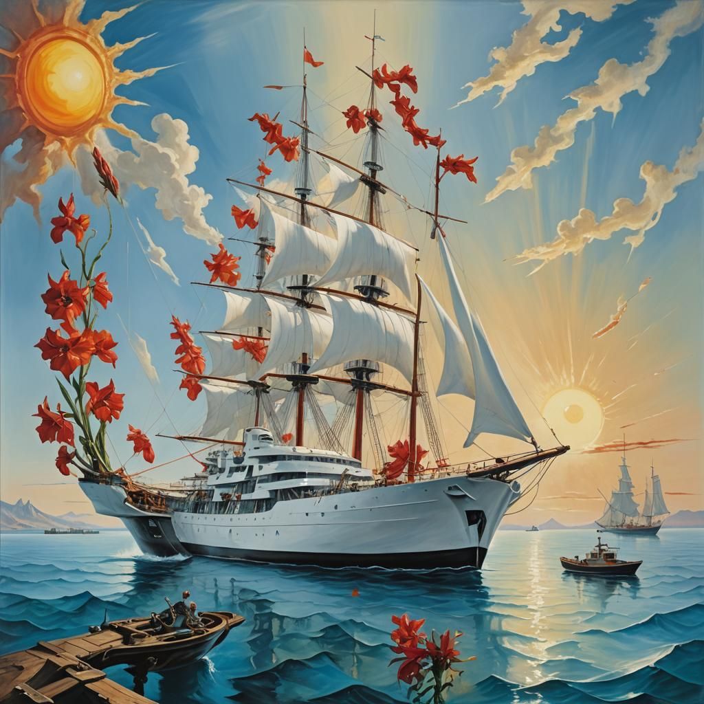 Surreal Corvette Ship with Gladioli in Oil on Canvas