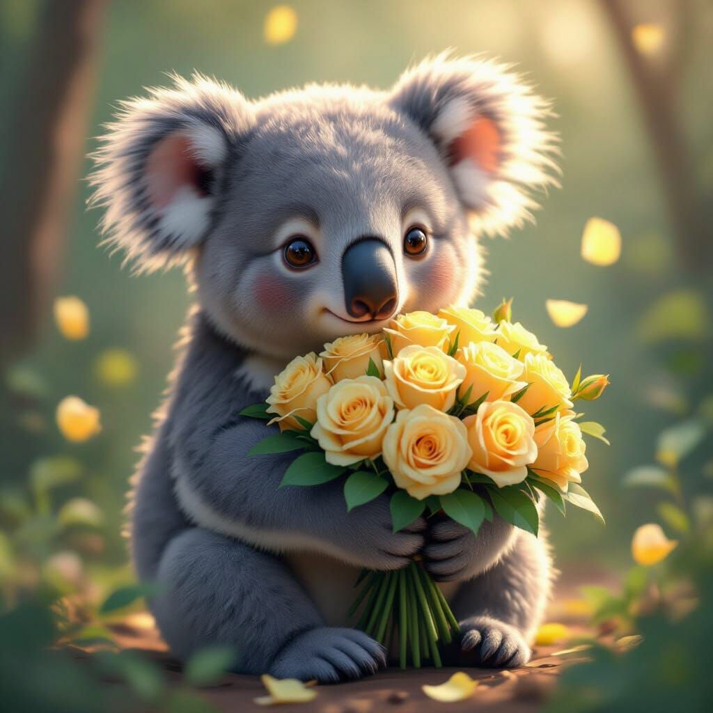 Adorable Koala Bear with Yellow Roses in Anime Style