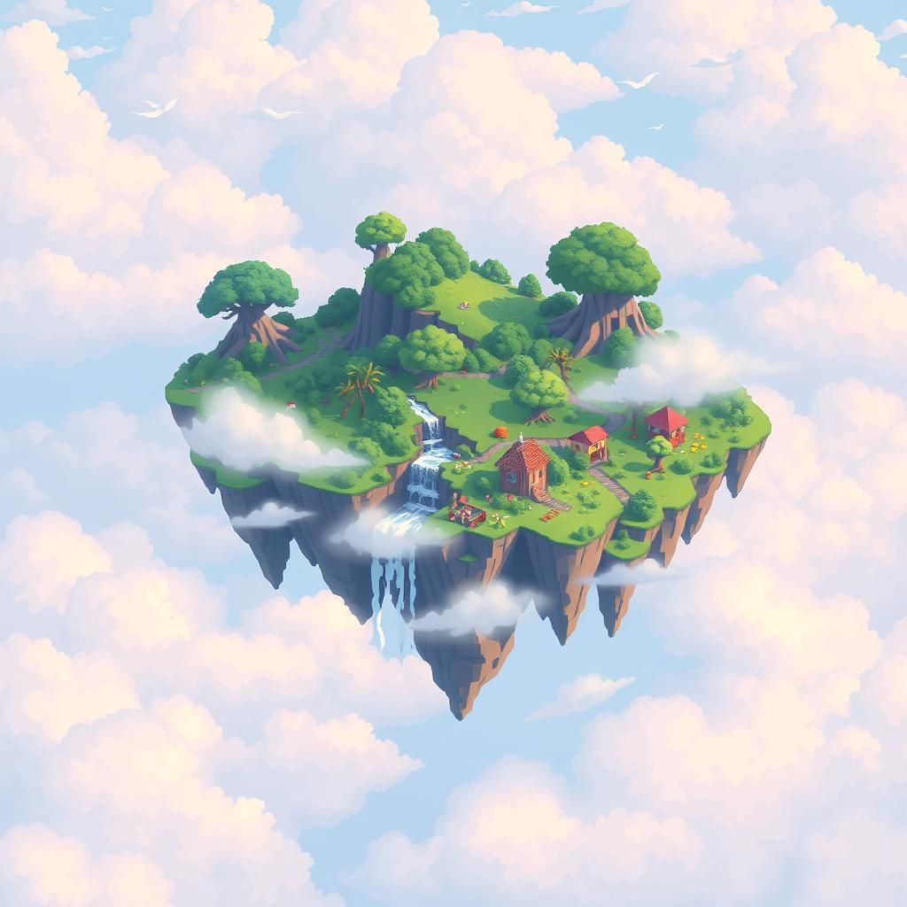 Mystical Floating Islands in Pixel Art Style