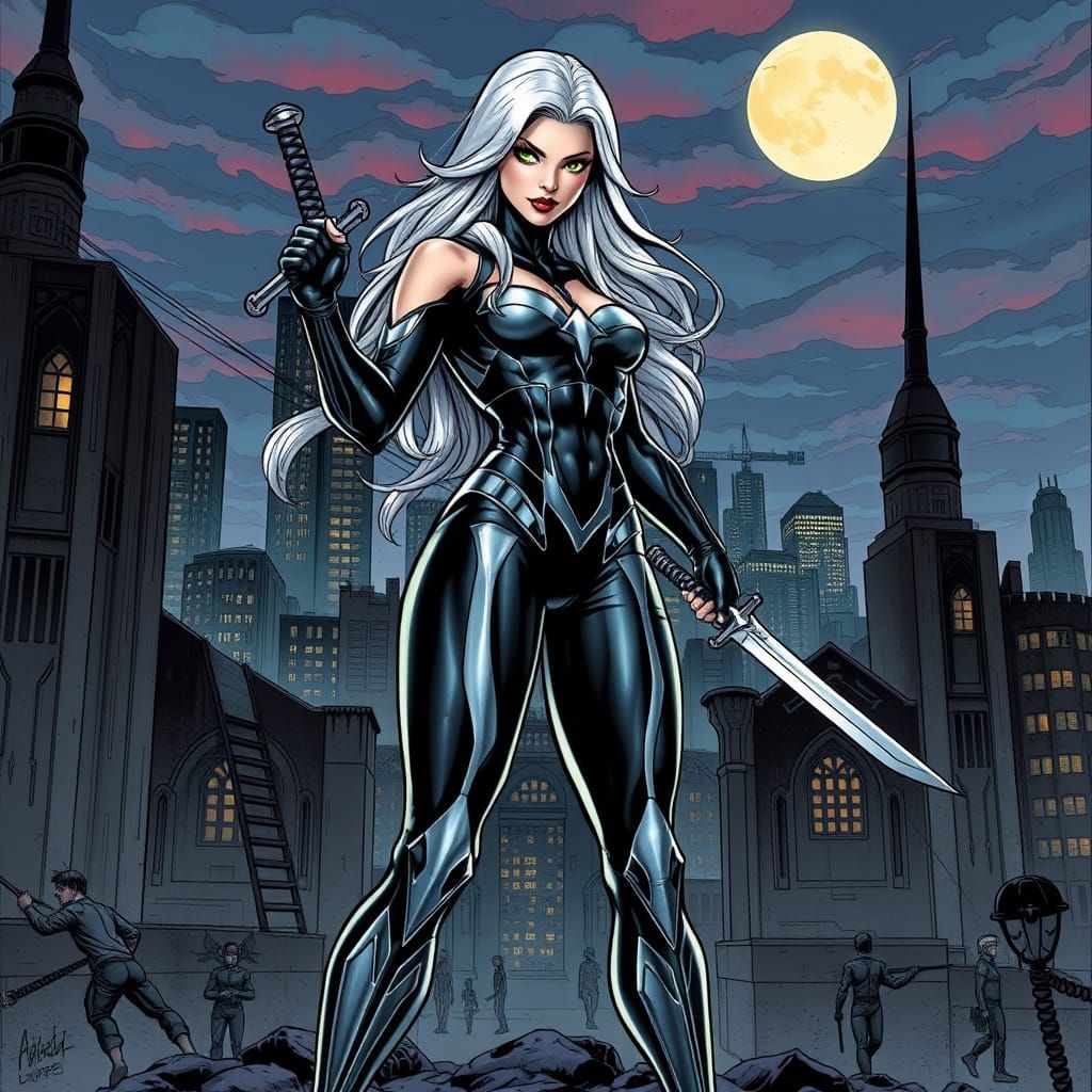 Heroic Silver Sable in Dark Gothic Cityscape