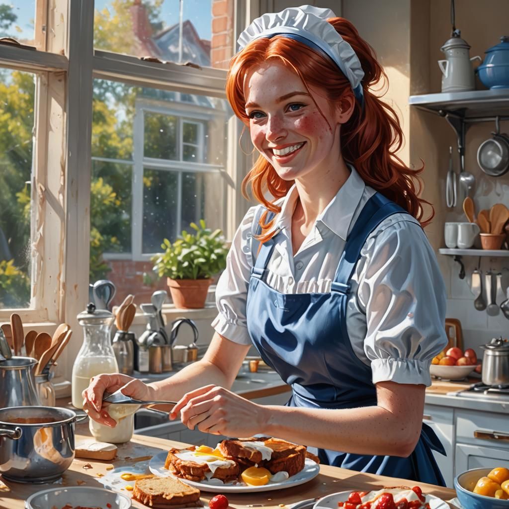 Smiling Redhead Maid Prepares Breakfast: Digital Art