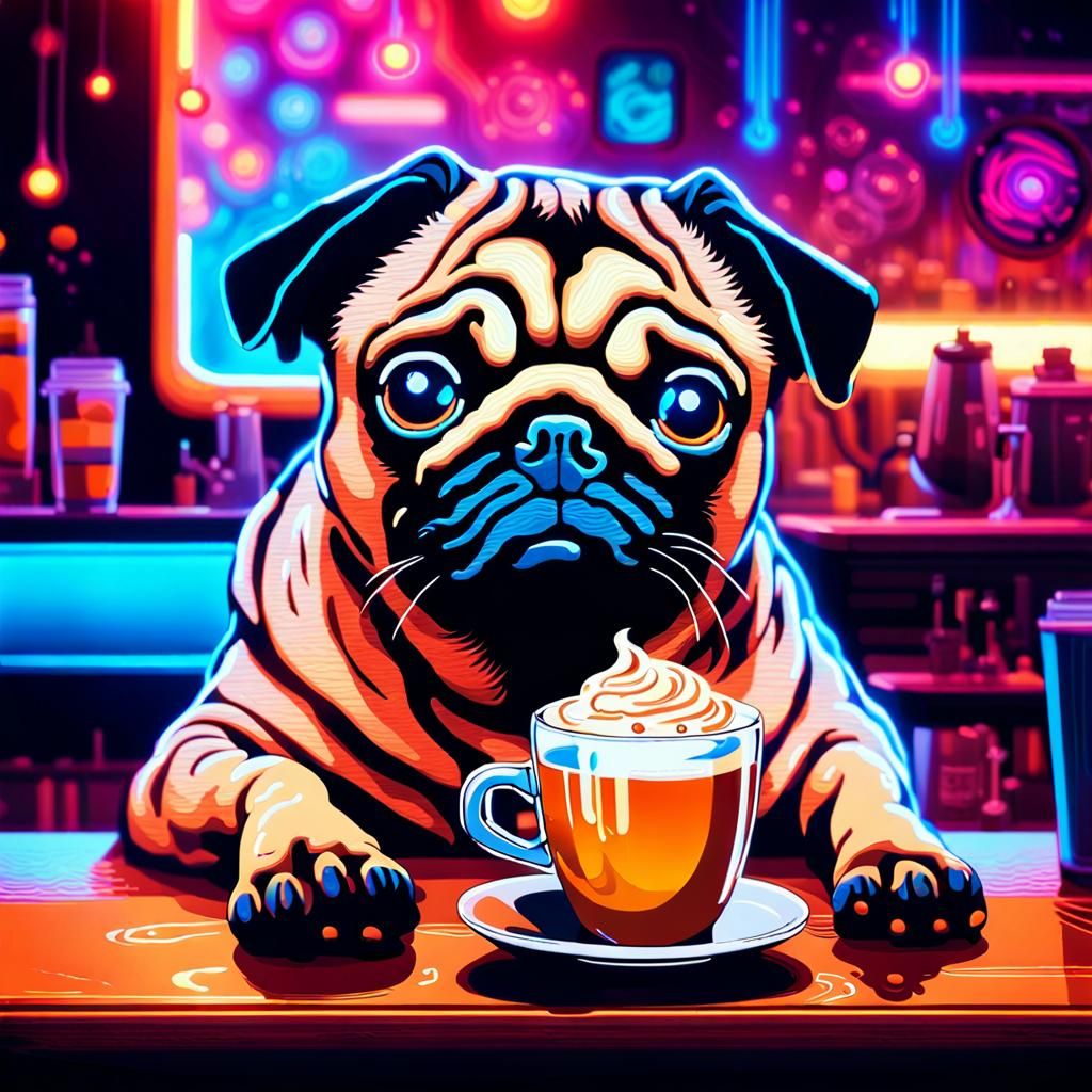 Cyberpunk Latte Art Pug in Neon Coffee Shop