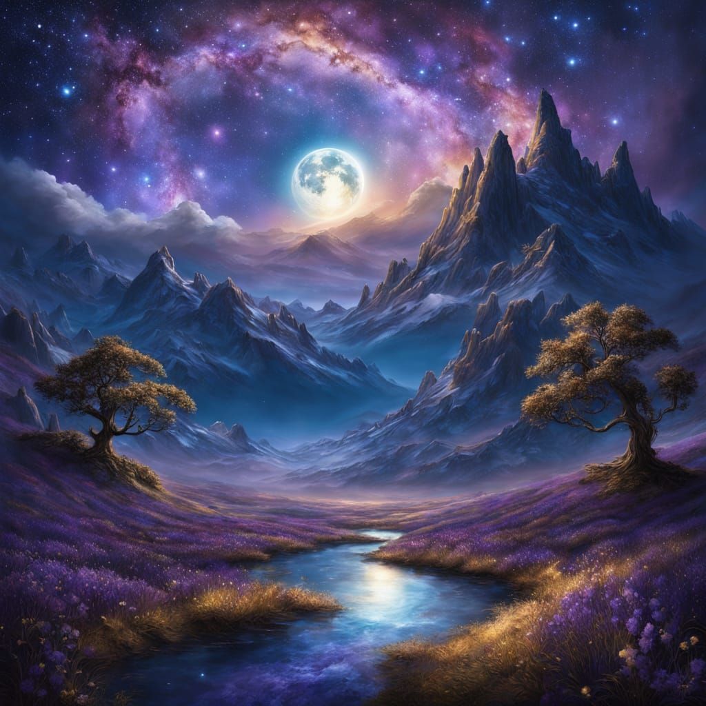 Whimsical Earthscape with the Moon and Milky Way