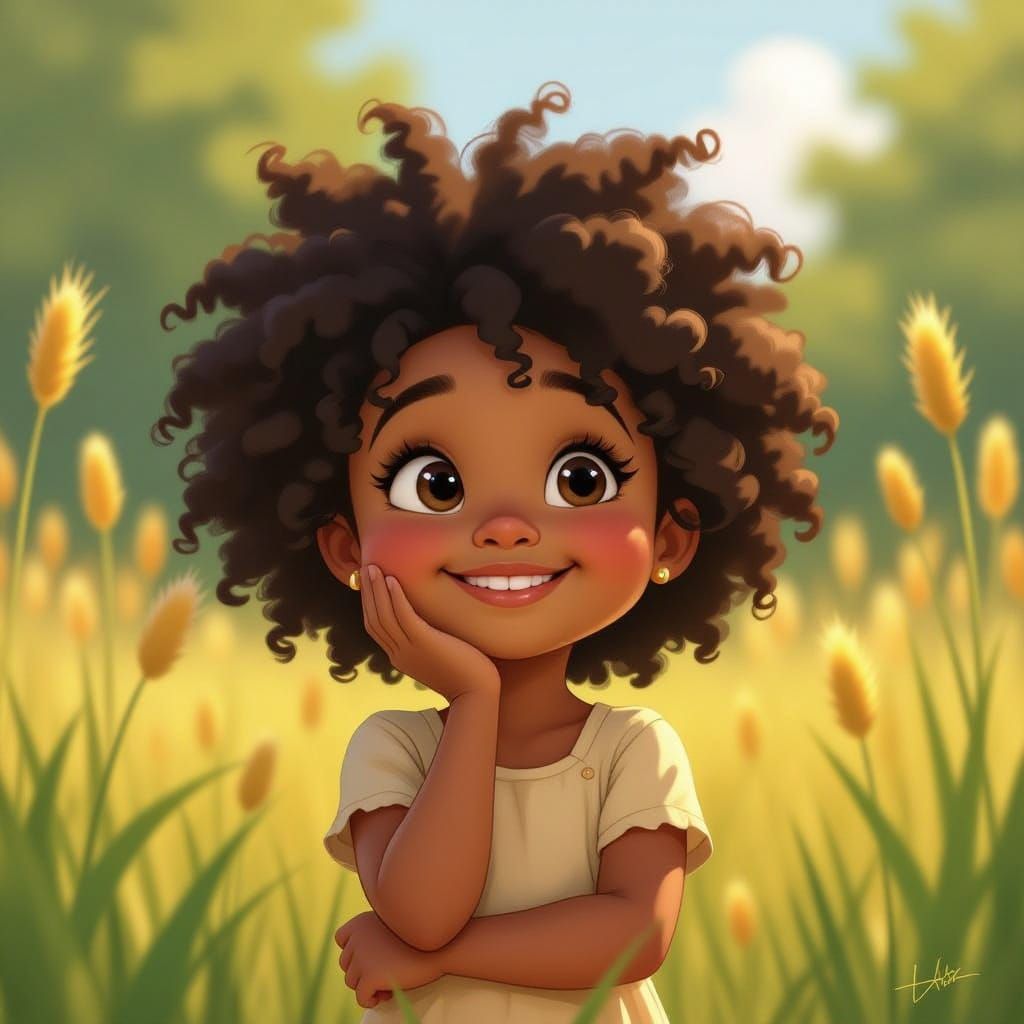 Smiling Black Girl in Tall Grass, Pixar-Inspired