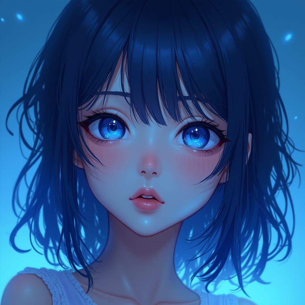 Dark Blue Haired Girl with Striking Blue Eyes