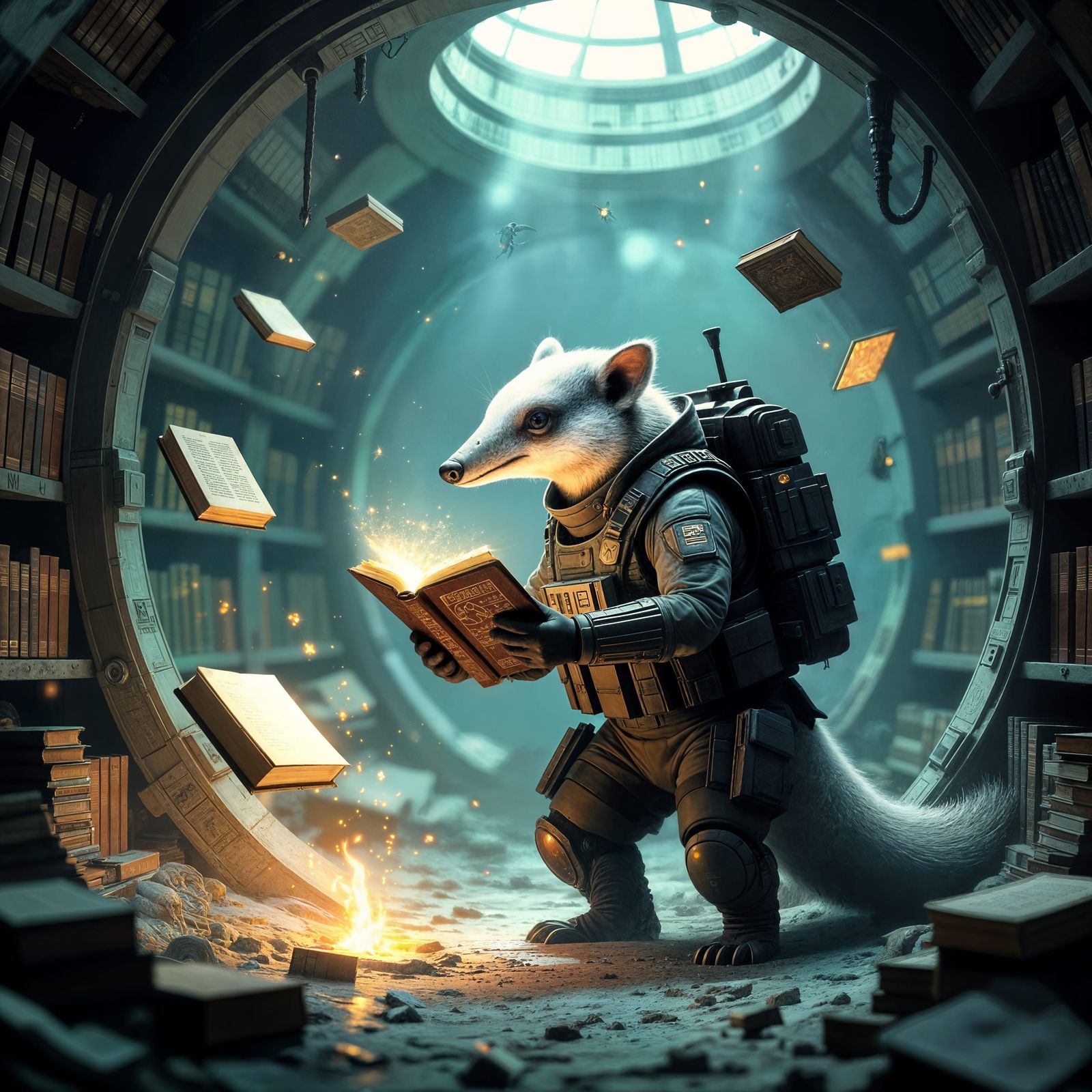 Armed Anteater Discovers Alien Library in Digital Painting