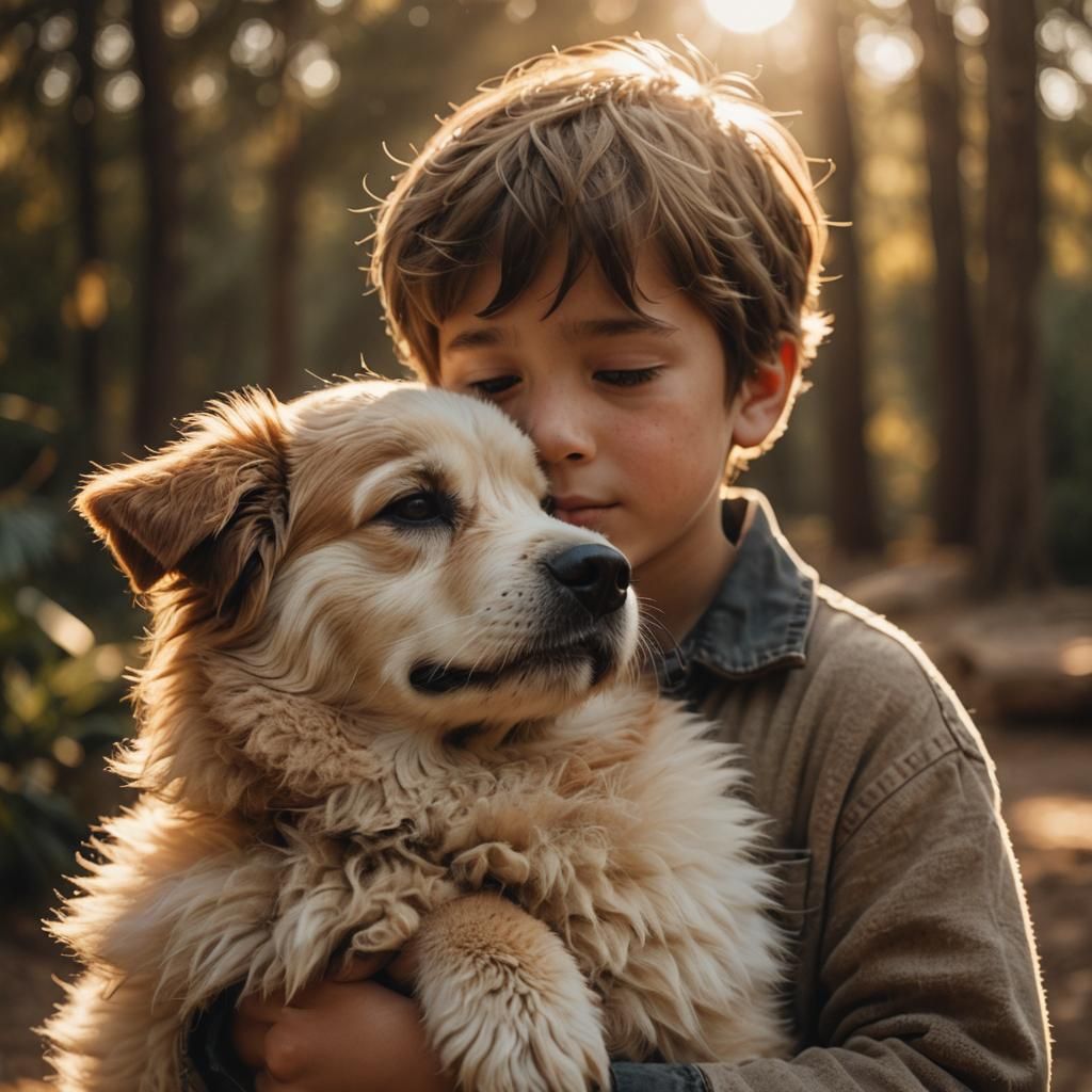 Boy and Dog: Heartfelt Moment in Golden Light