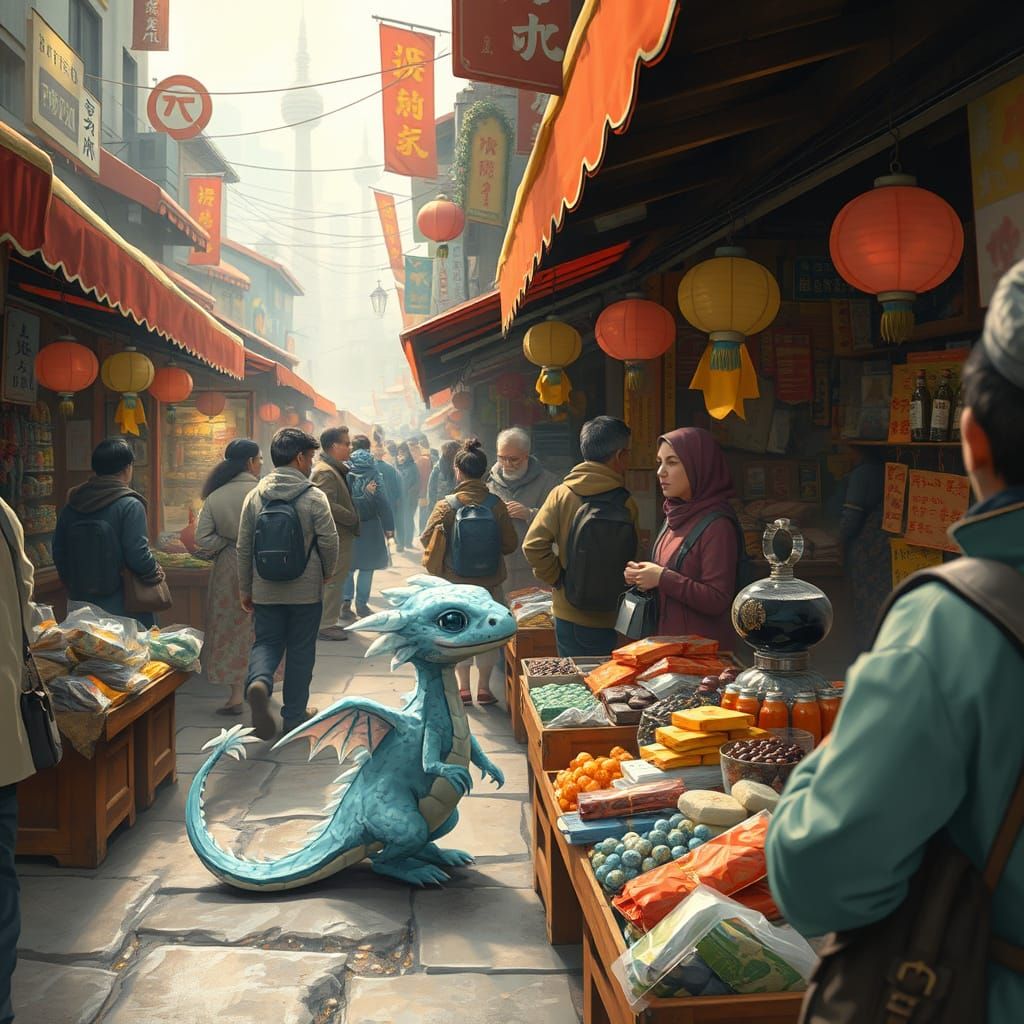 Whimsical Ice Dragon in a Bustling City Market Scene