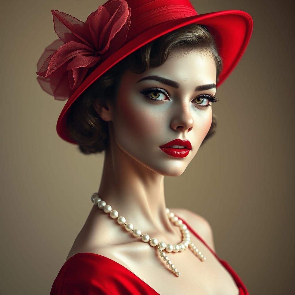 a glamorous woman with vintage style. She has a porcelain skin tone with a soft, flawless complexion. Her facial feature...