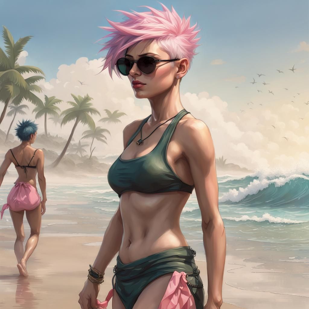 Woman with Blue Hair on Beach, Hyperdetailed Art