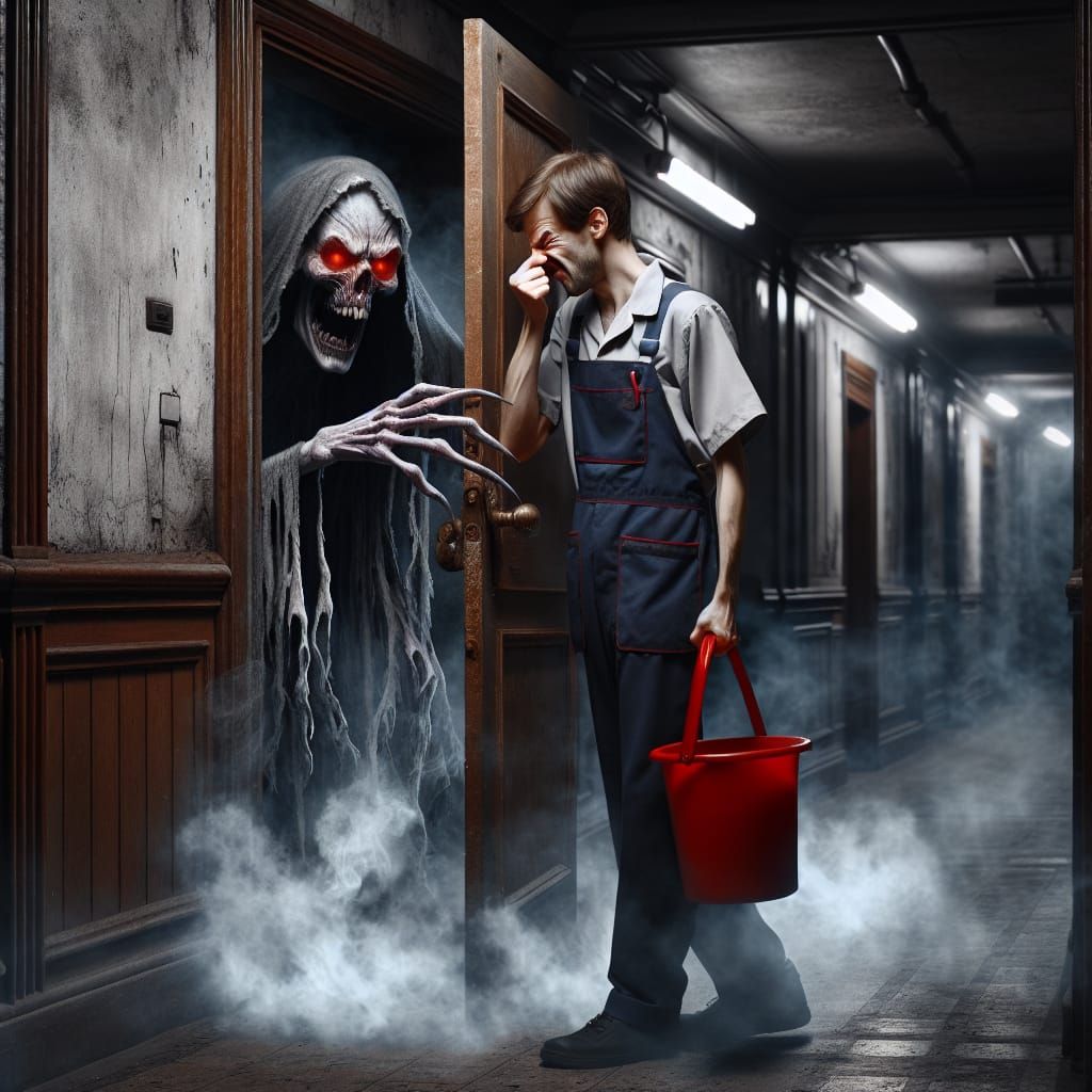 A caucasian janitor dressed like a janitor cleaning a dark, ...