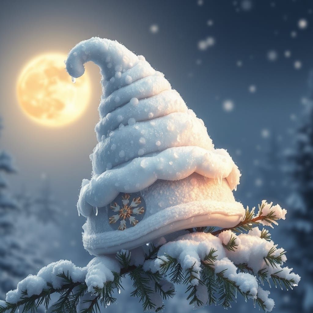 Snow Hat on Pine Branch Under Moonlight