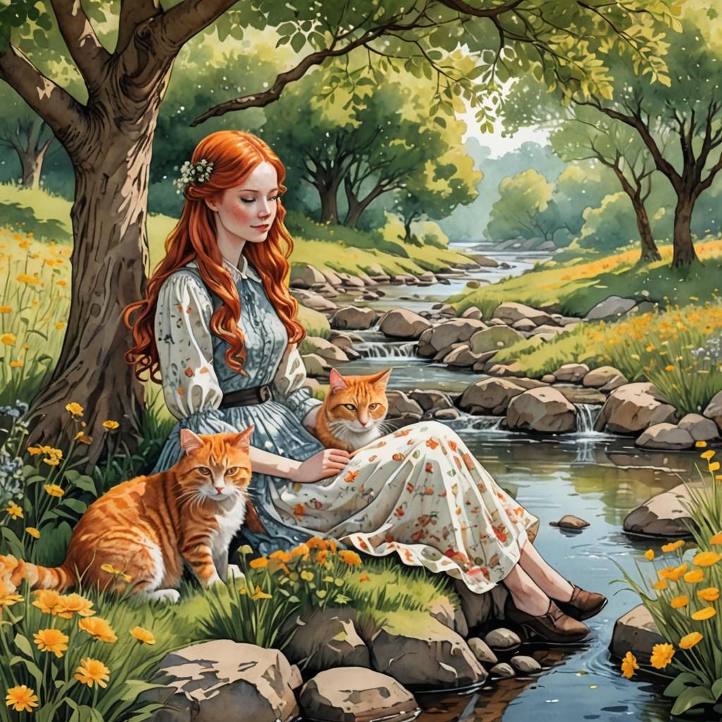 Girl with Cat in Rococo Watercolor Landscape