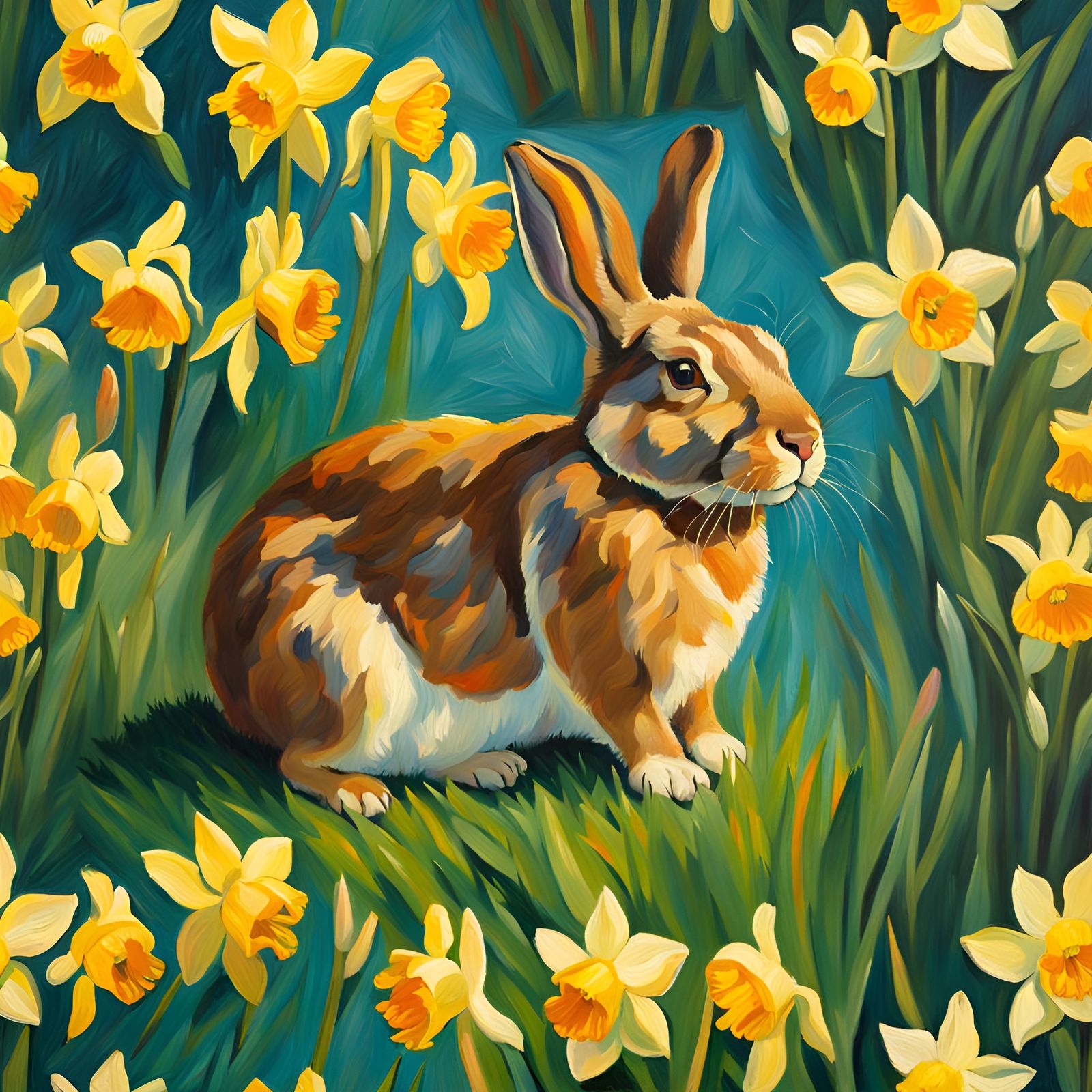 Rabbit and Daffodils in Alla Prima Style