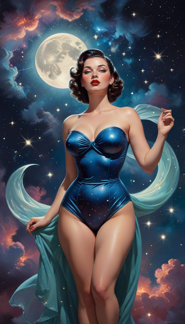 Curvy Woman as Moon Goddess in Pin-Up Style