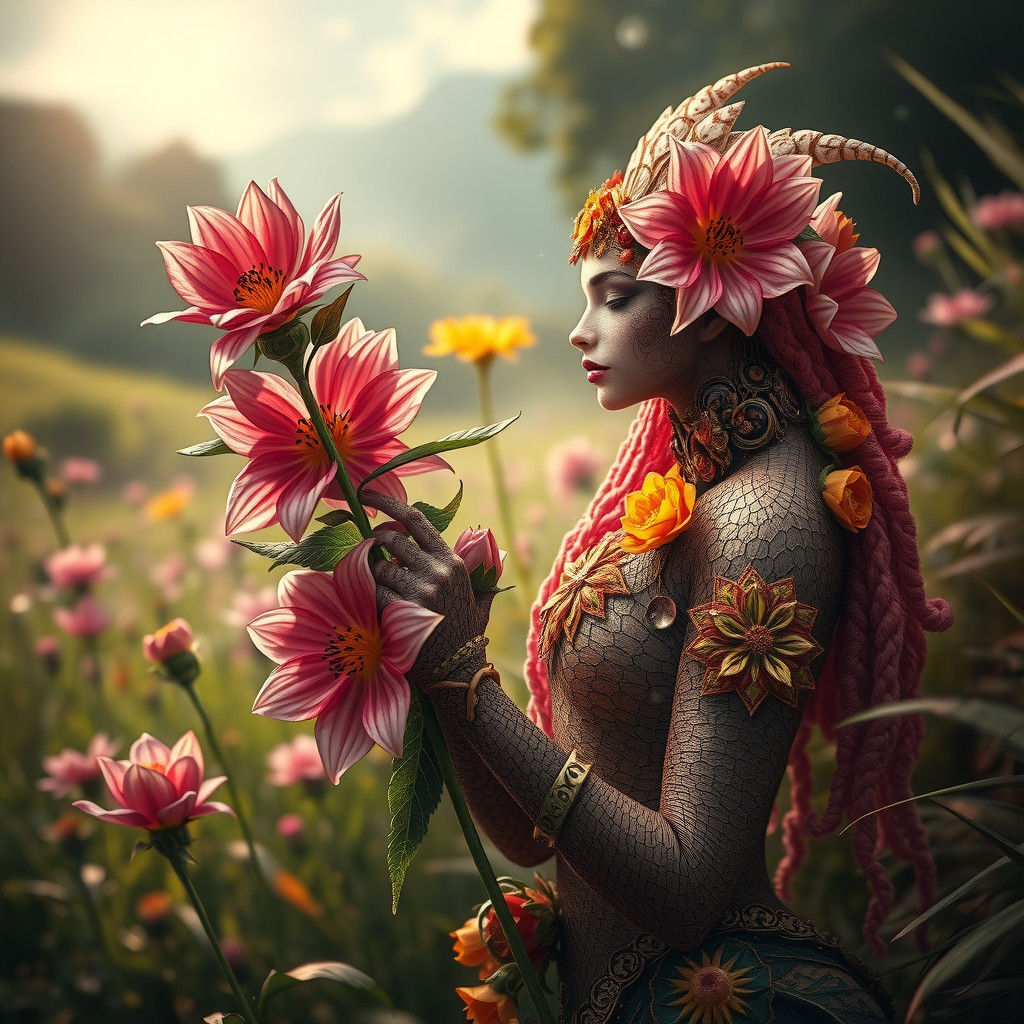 Fantastical Plant Creature in a Sunny Meadow