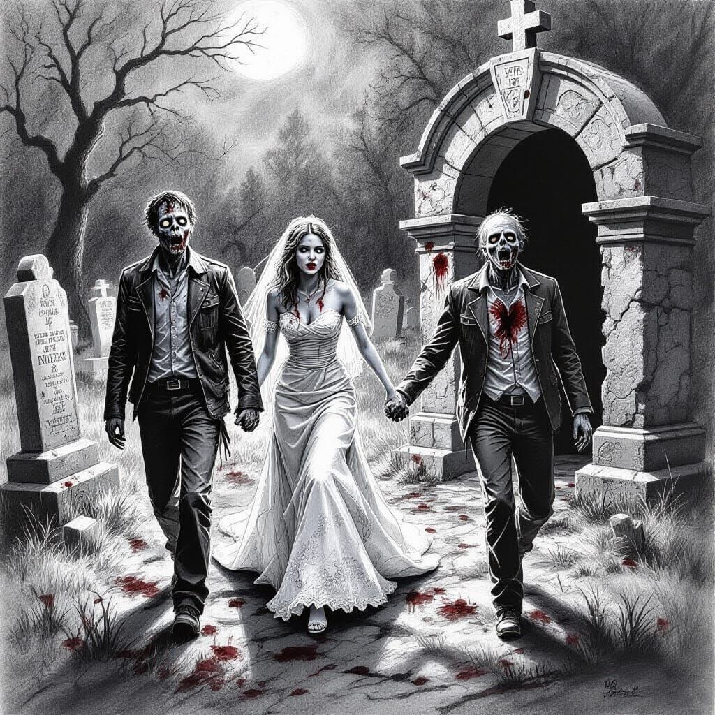 Zombies at Graveyard Prom Hyperdetailed Charcoal Drawing