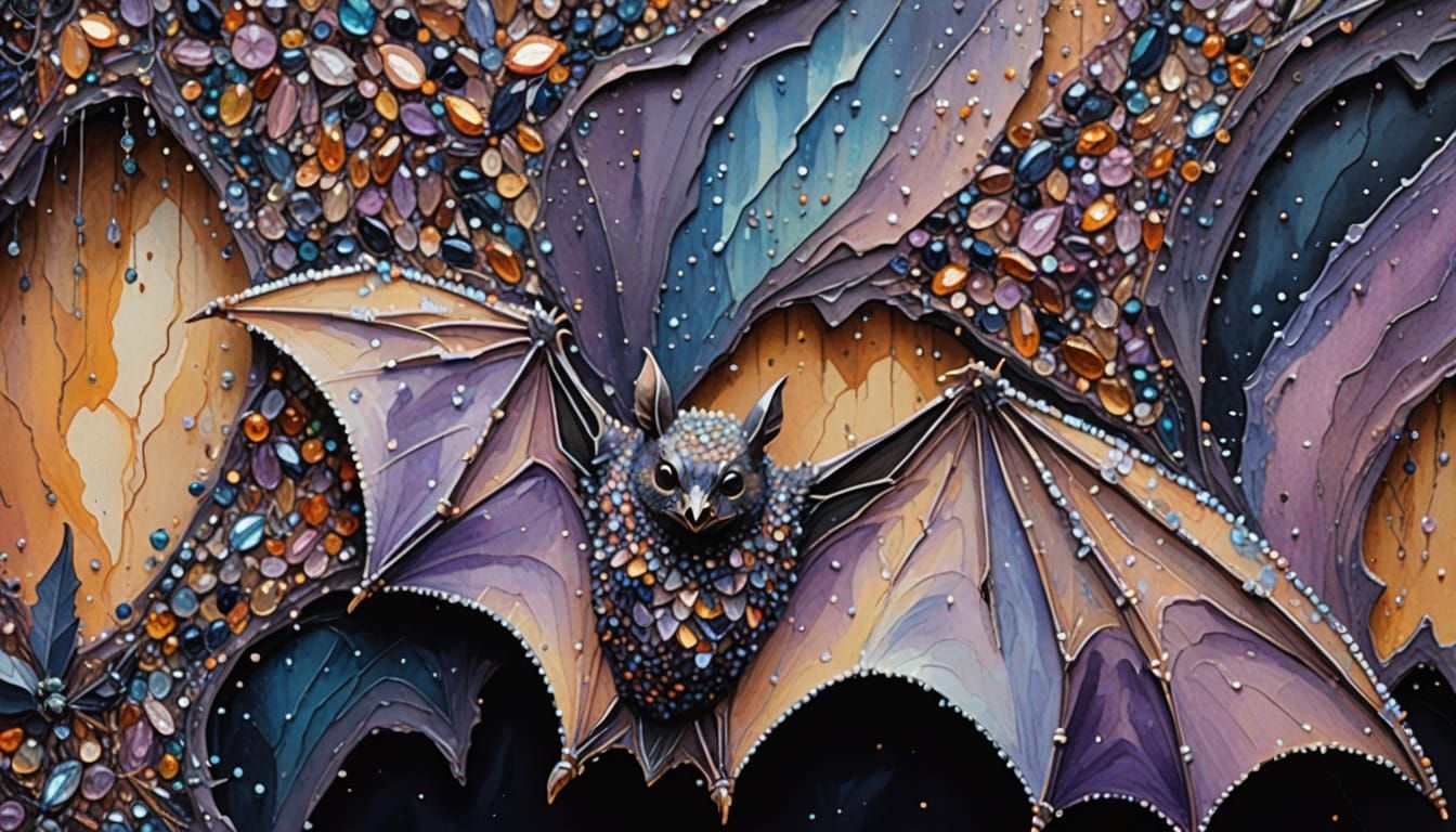 Gouache Bat in Cave with Seed Beads and Crystals