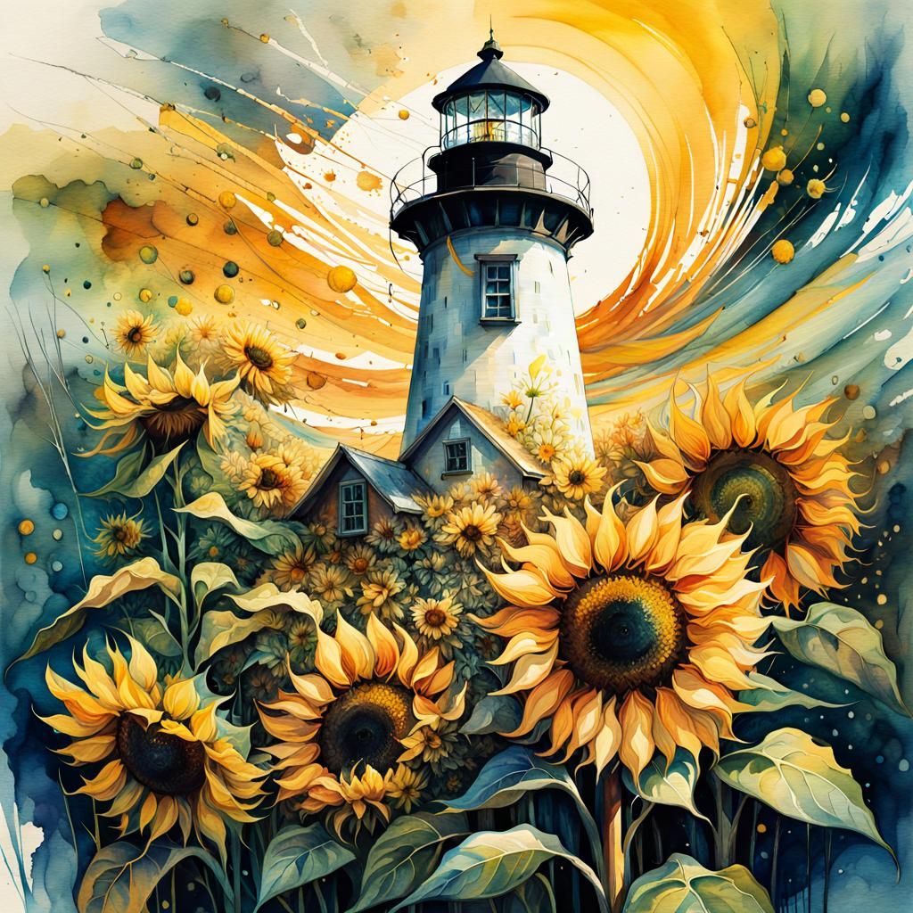 Sunflower Lighthouse: Stylized Watercolor Illustration