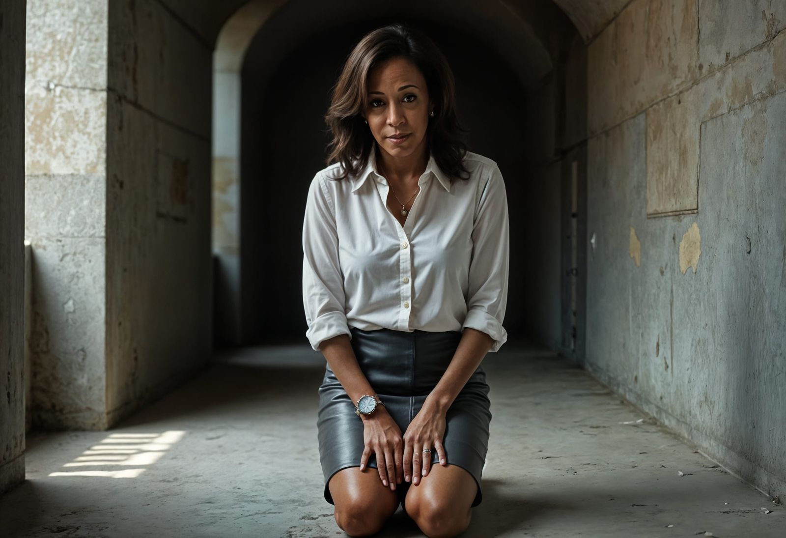Photorealistic Kamala Harris Portrait in Concrete Basement