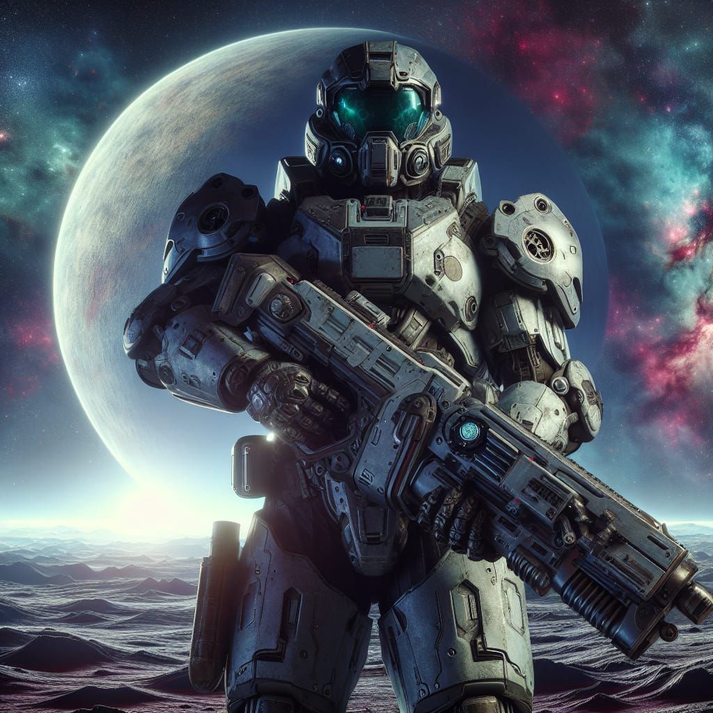 Warhammer Space Marine in Epic 8K Alien Moon Landscape